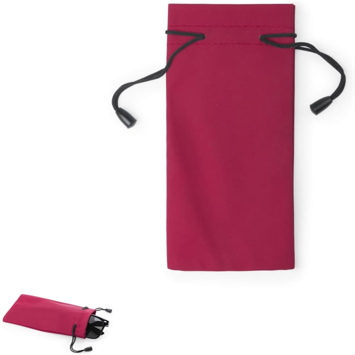 A red pouch with a drawstring closure, featuring a logo, shown in a flat and folded position.
