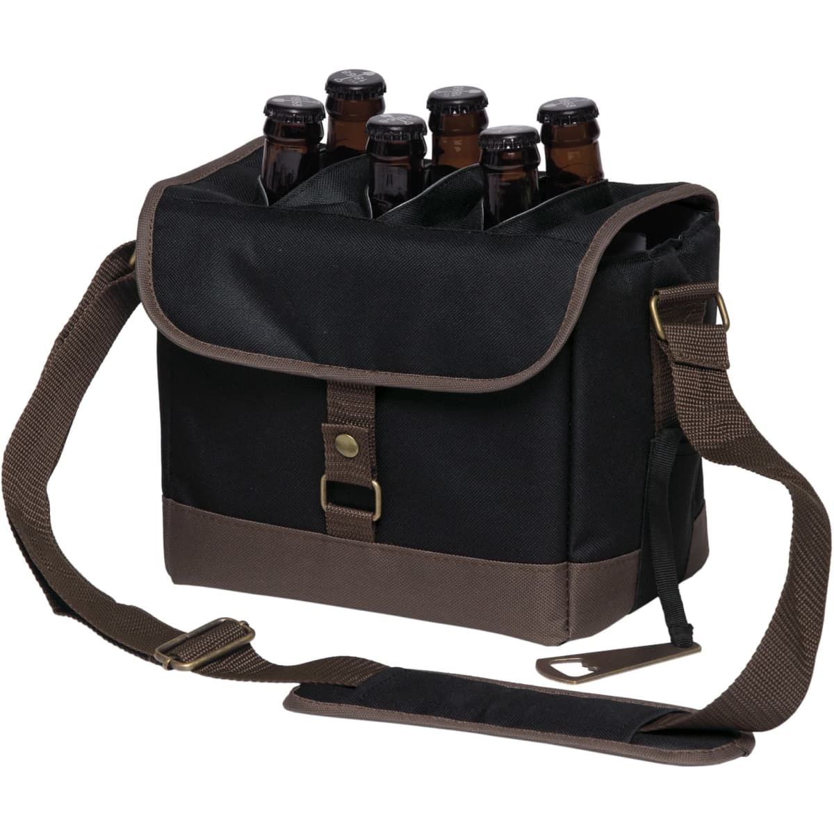 A drink bottle cooler in black and brown, featuring a shoulder strap and compartments for holding multiple bottles.
