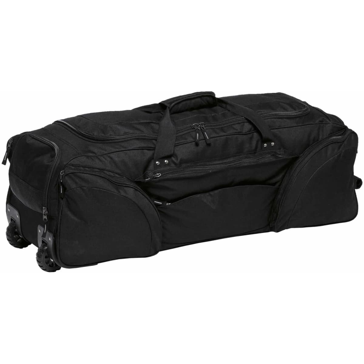 A wheeled black travel bag with multiple pockets and sturdy straps for easy carrying. The bag features a logo.