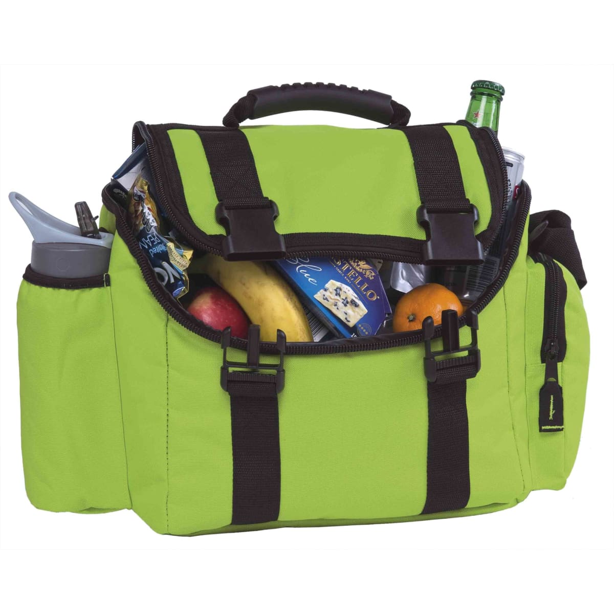 A green lunch bag filled with various snacks, fruits, and a beverage, featuring a handle and adjustable straps.