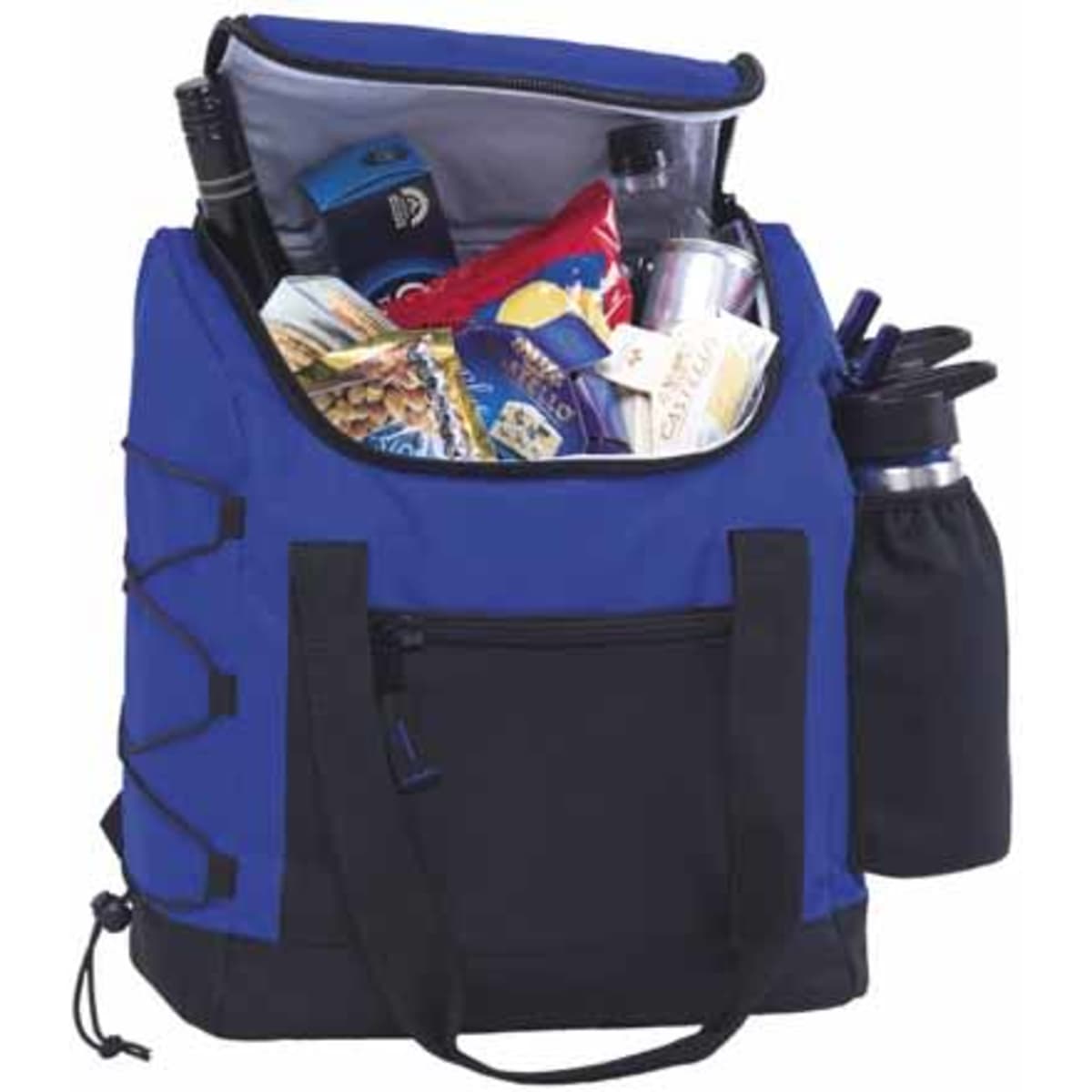 A blue and black bag filled with snacks, drinks, and a drink bottle, featuring multiple pockets and a zippered top.
