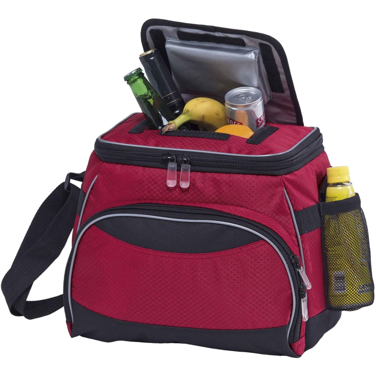 A red cooler bag with a black base, filled with drinks and a banana, featuring a side mesh pocket and zipper.
