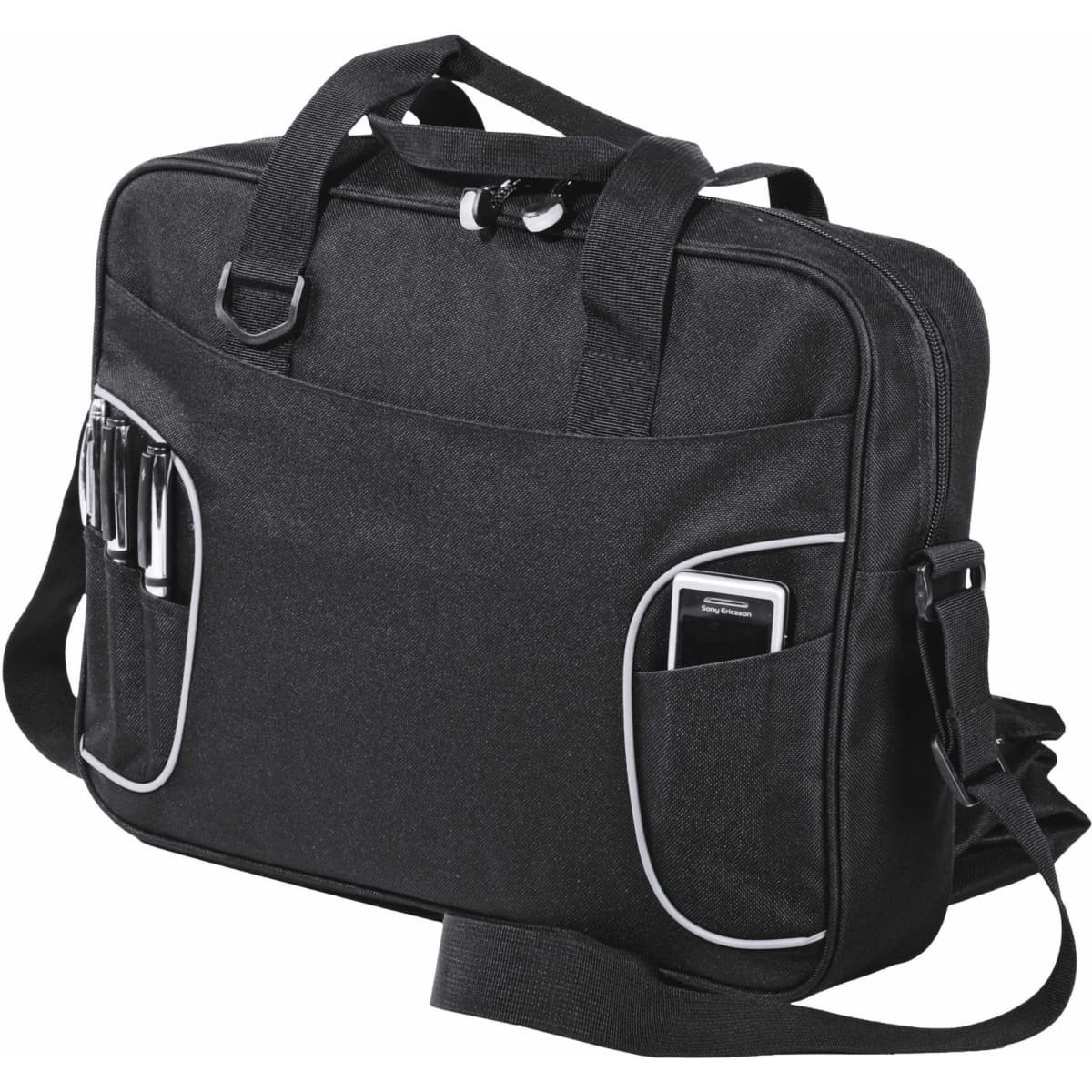 A black laptop bag featuring multiple pockets and a shoulder strap. It includes a logo on the front.