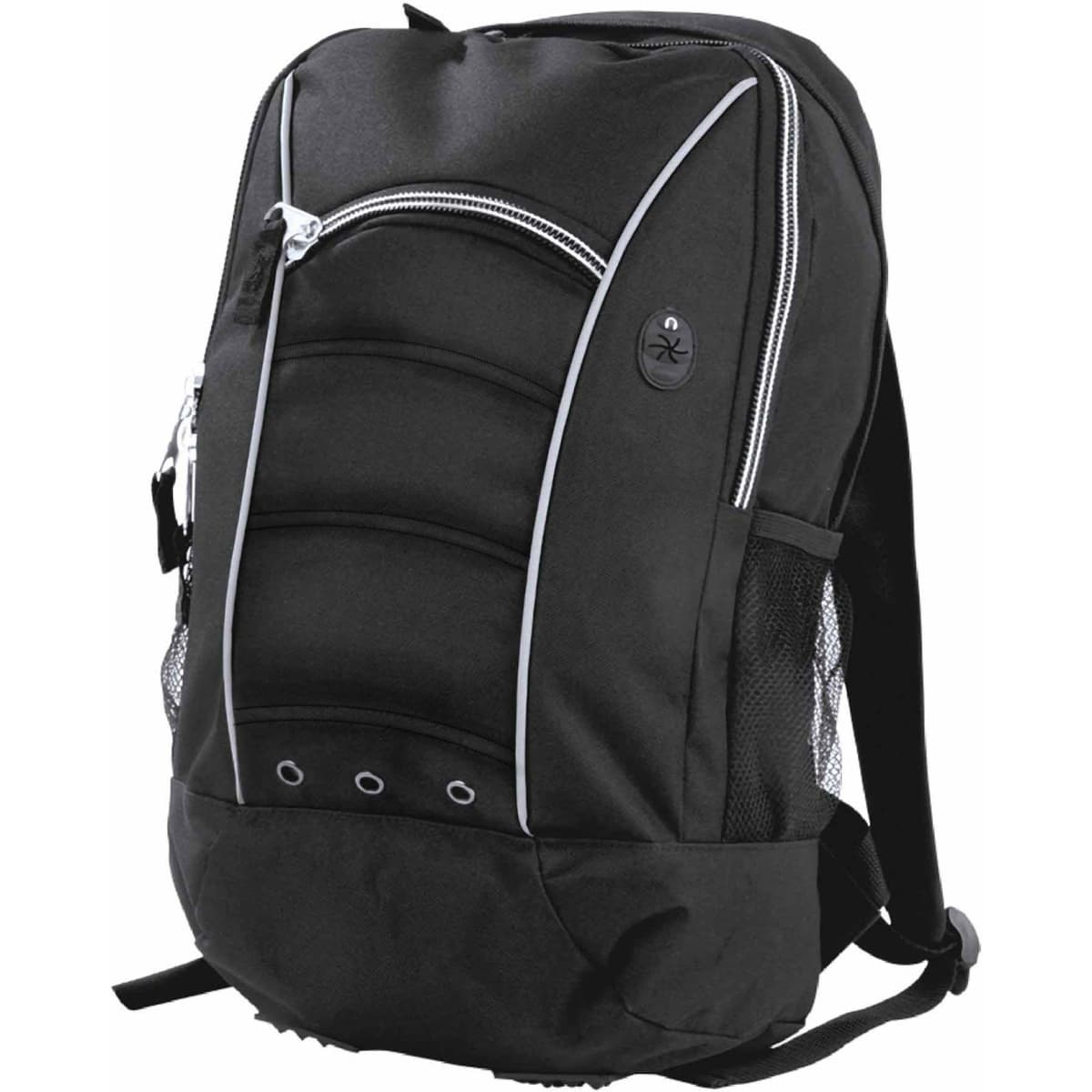 A black backpack featuring padded sections, zippered compartments, and mesh side pockets, with a logo on the front.