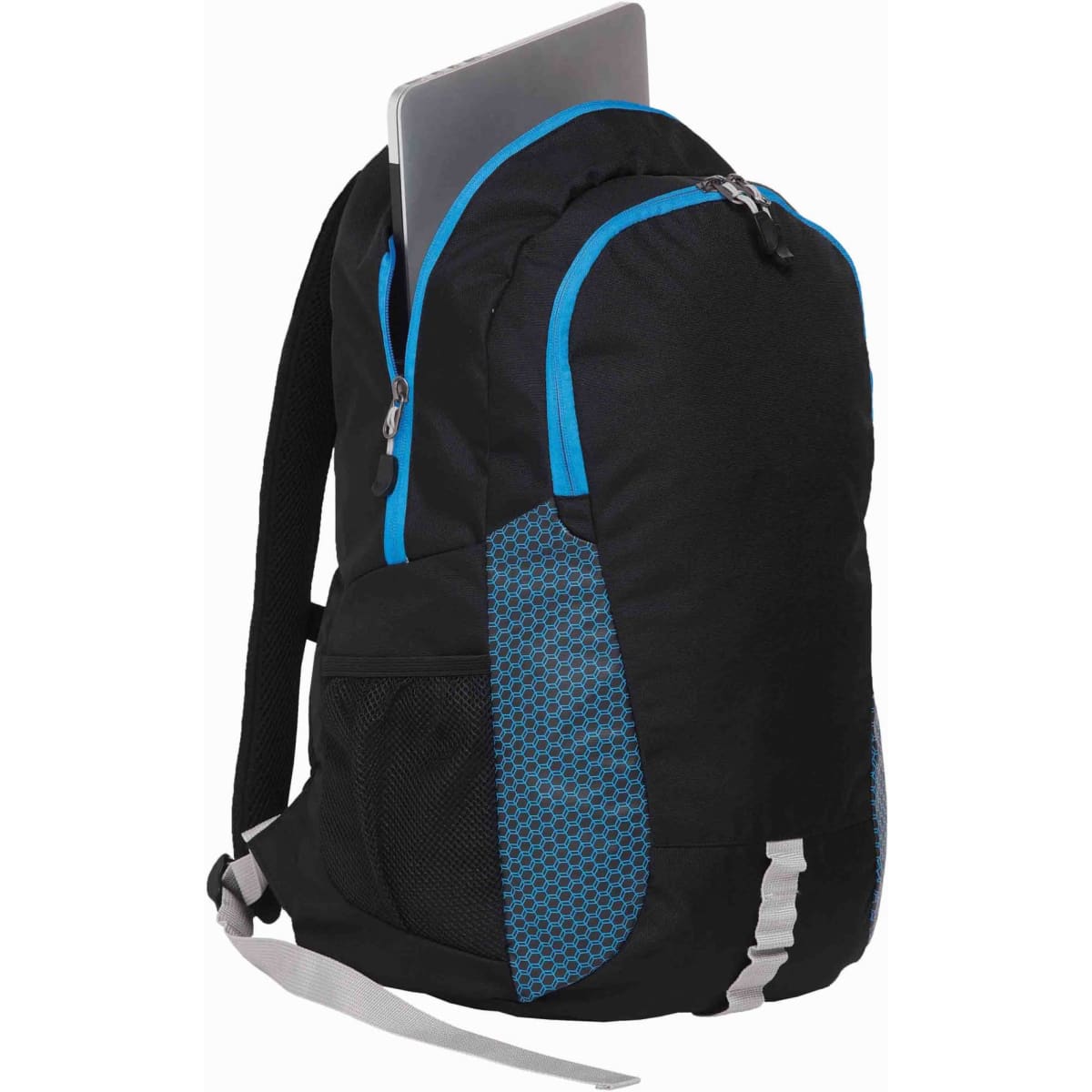 A black backpack with blue accents featuring a laptop sleeve and mesh side pockets. It has adjustable straps and a logo.