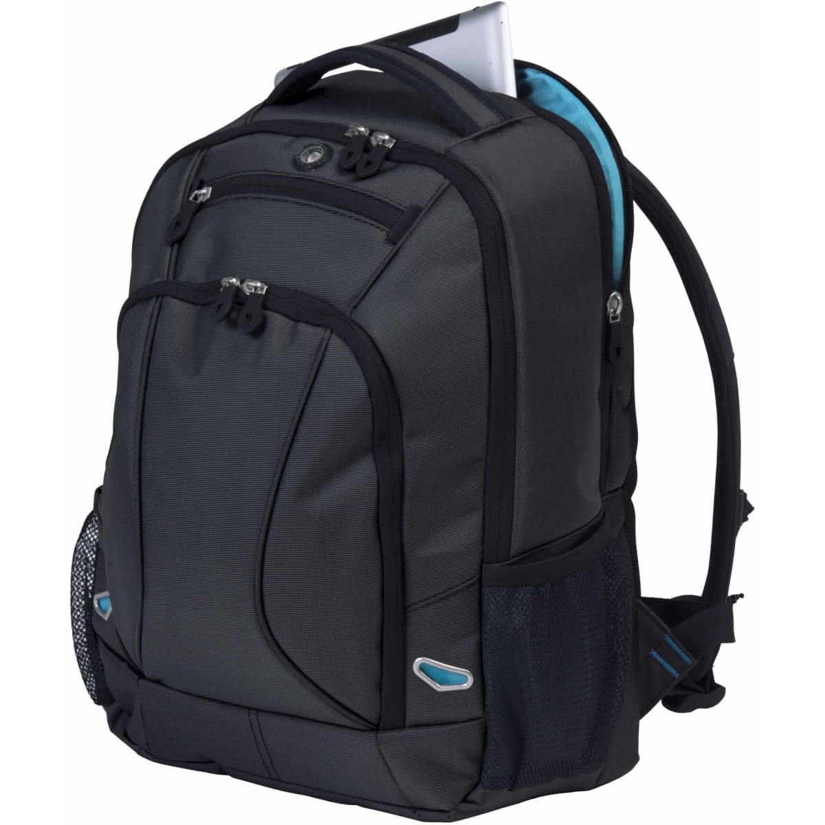 A sleek black backpack with a blue interior, featuring multiple compartments and a mesh side pocket.