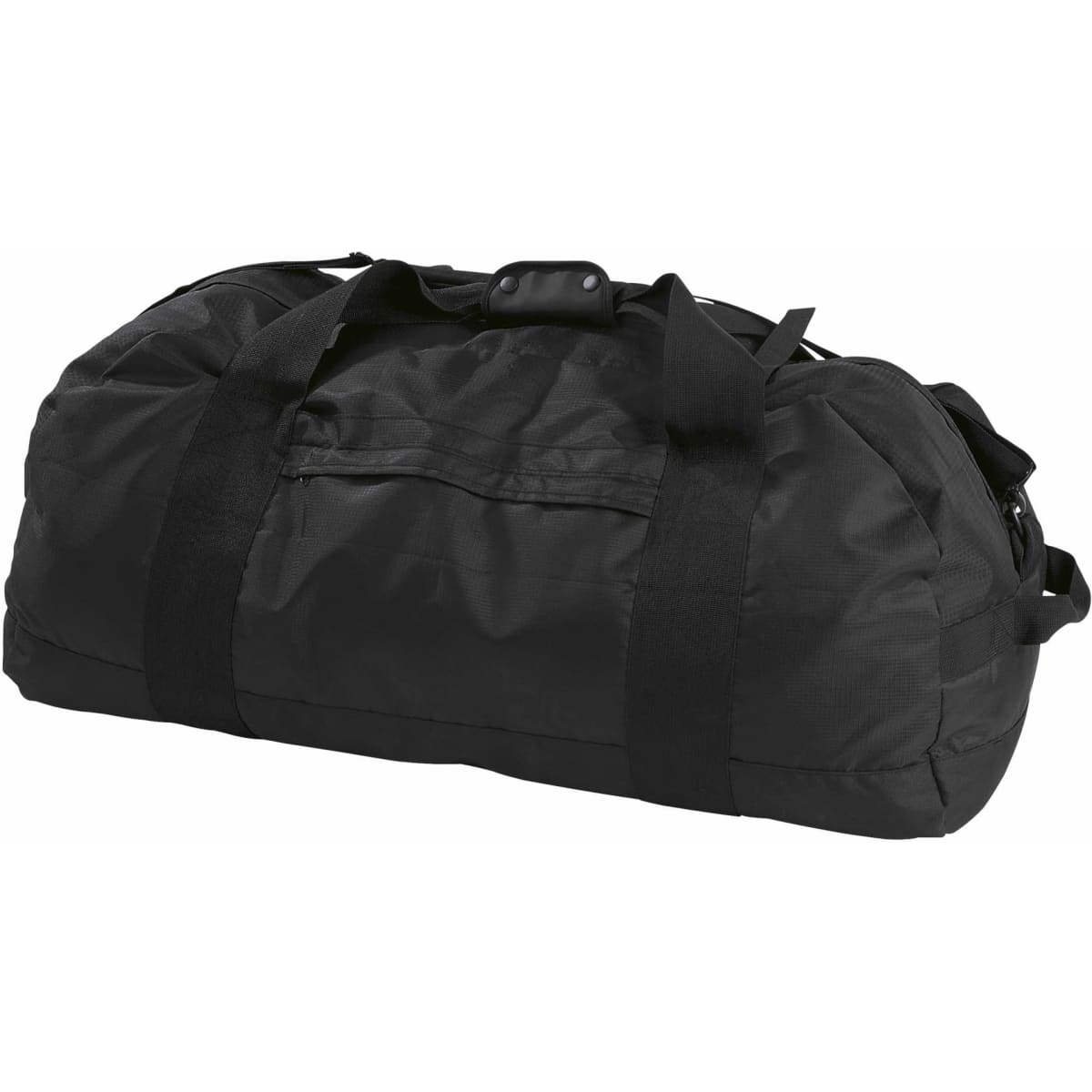 A black duffle bag with sturdy handles and a zippered pocket, featuring a simple logo on the side.