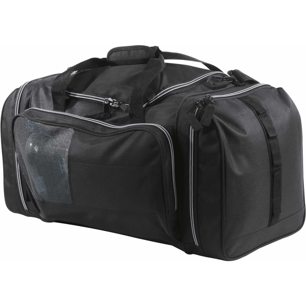 A black Kamakazi Sports Bag with multiple compartments and a mesh pocket, featuring a branding logo.