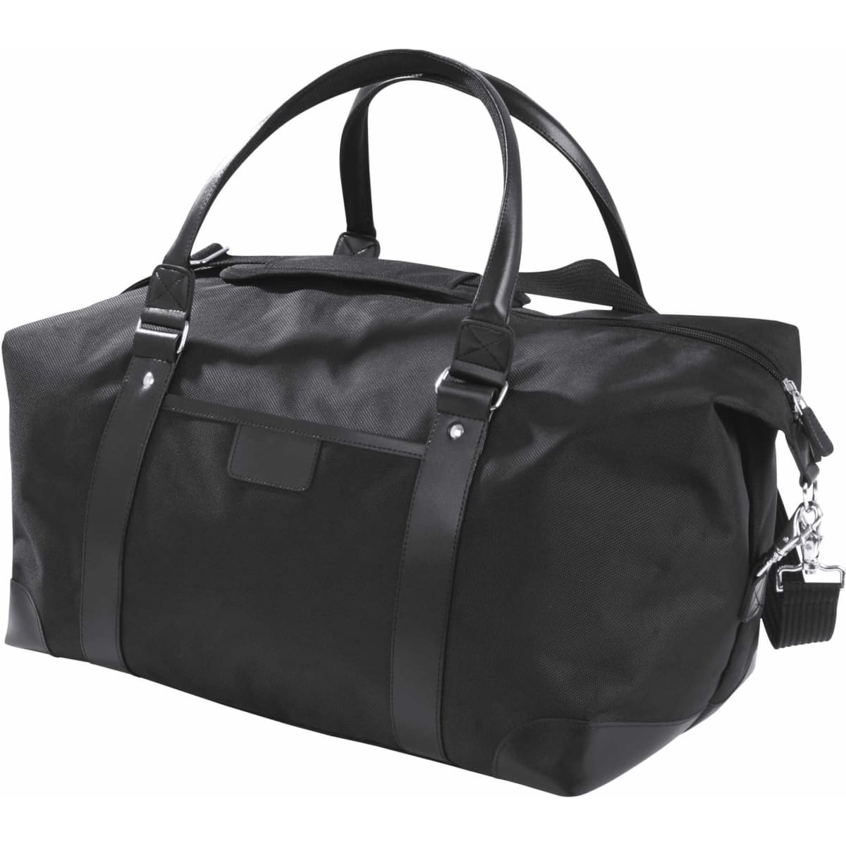 A black duffle bag with leather accents and sturdy handles, featuring a zipped closure and a detachable strap.