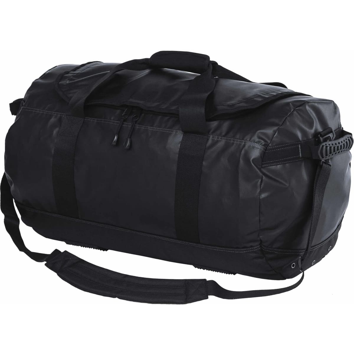 A black duffle bag with sturdy handles and a removable shoulder strap, featuring a logo on the side.