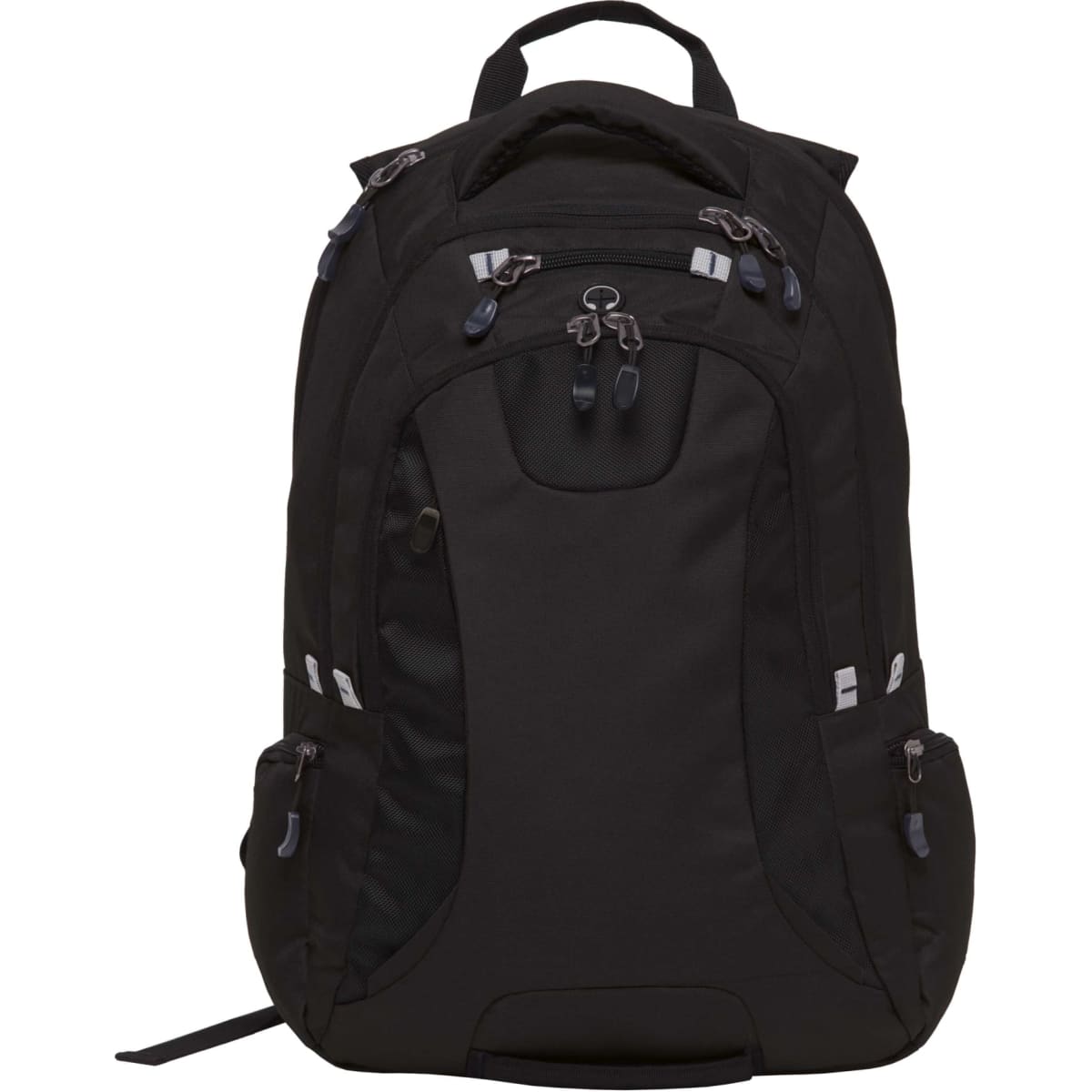 A black backpack with several compartments and zippers, featuring a logo, ideal for carrying various items.