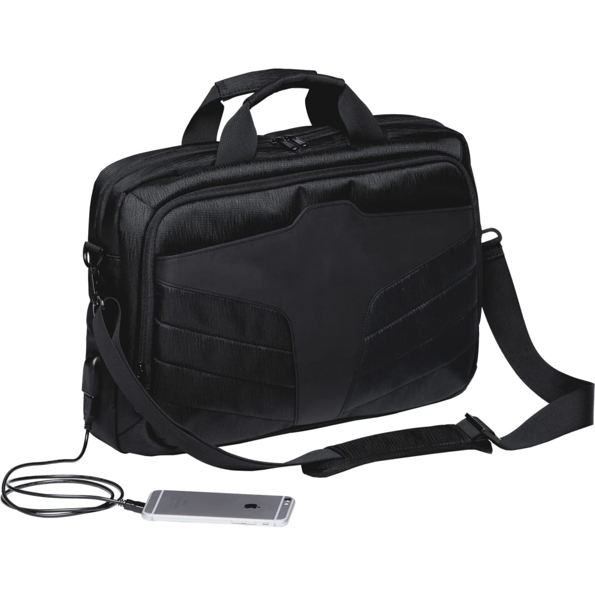 A black laptop bag with a structured design, featuring handles, a shoulder strap, and a side pocket with a charging cable.