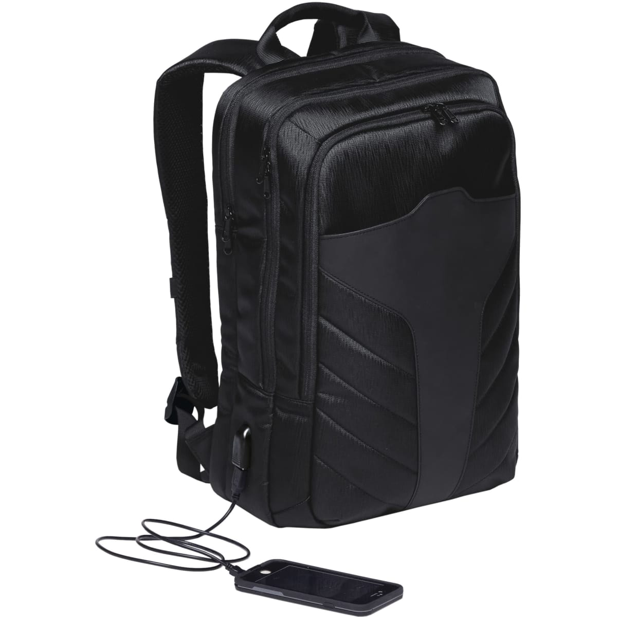 A black backpack with a sleek design, featuring a logo and a mobile charging port at the front.