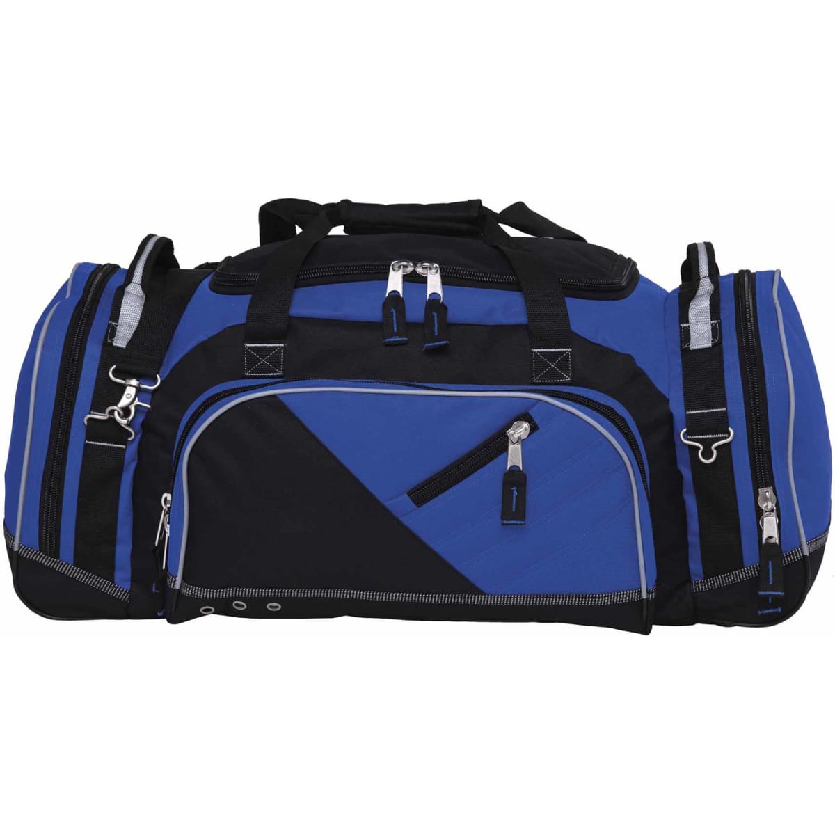 A large duffle bag in black and blue, featuring multiple zippers and compartments, with a logo on the front.