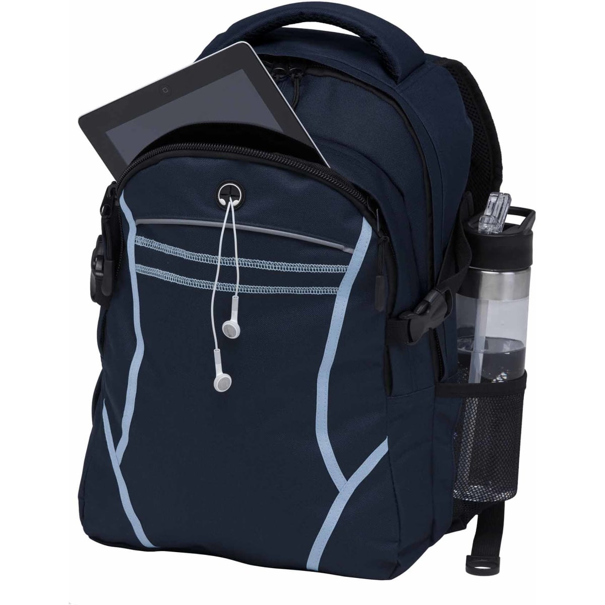 A navy backpack features a front pocket, headphone port, and a side mesh pocket with a drink bottle. An iPad is inside.
