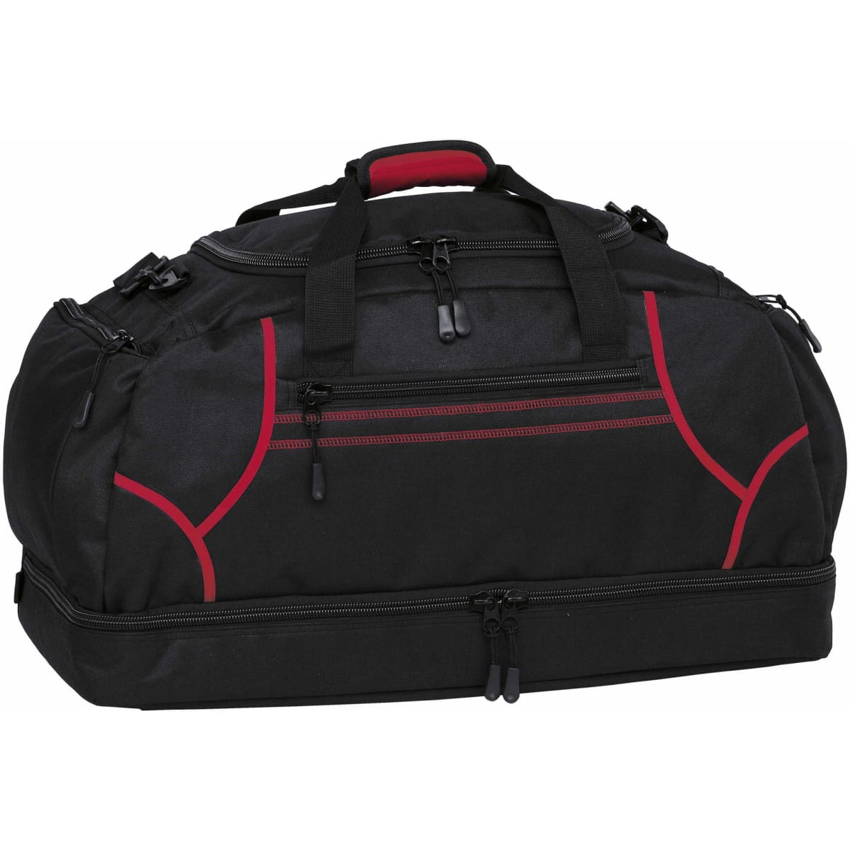 A black duffle bag with red accents, featuring multiple zipped compartments and sturdy handles. It has a logo.