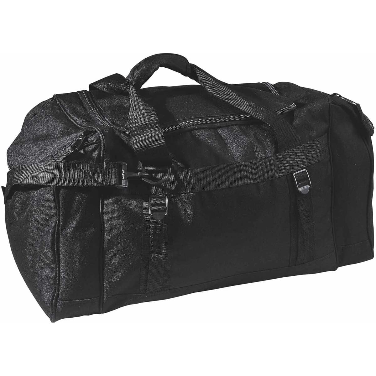 A black duffle bag with multiple compartments and straps, featuring a logo.