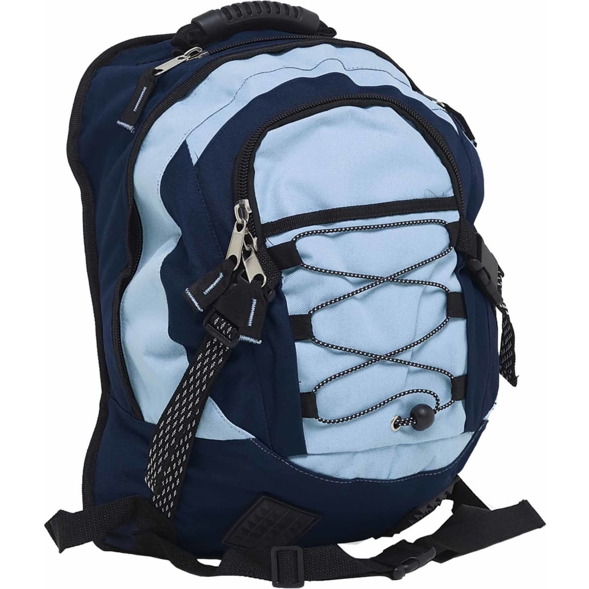 A blue and navy backpack featuring multiple zippers, straps, and a logo on the front.