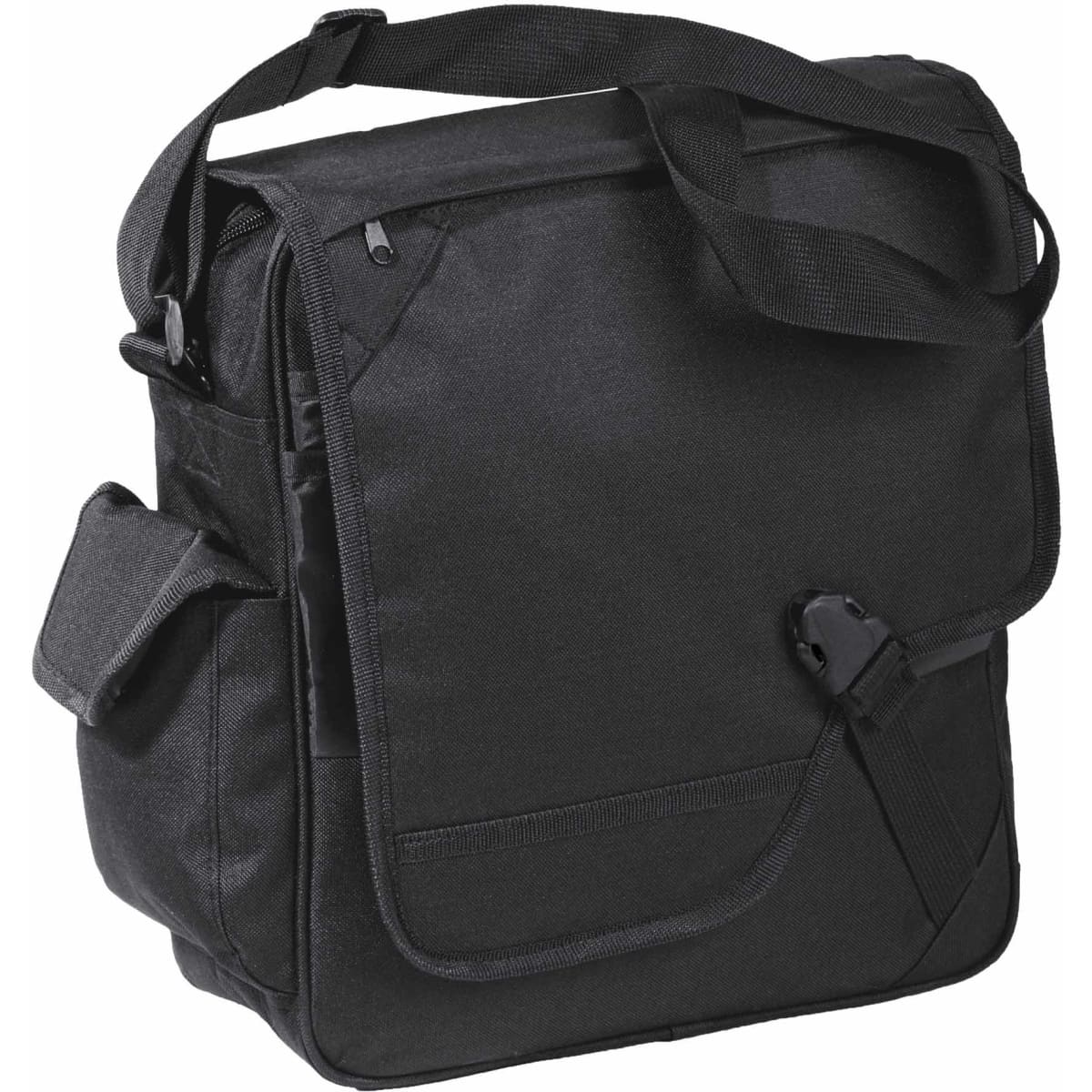 A black messenger bag with a flap, adjustable strap, and side pockets, featuring a simple design and logo.