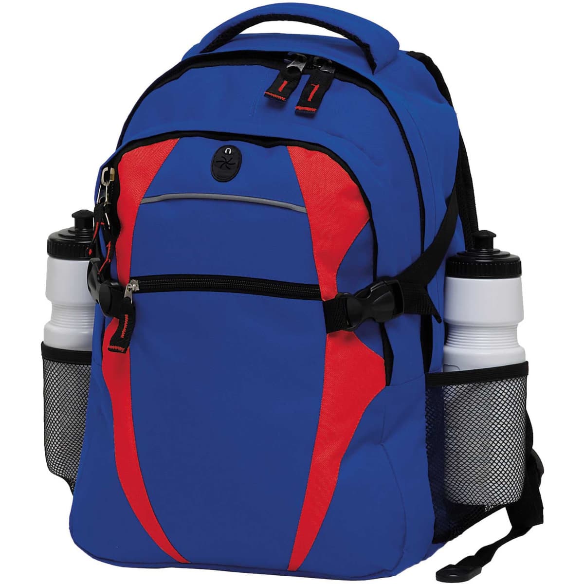 A blue and red backpack featuring two side pockets, each holding a white drink bottle. It has a logo on the front.