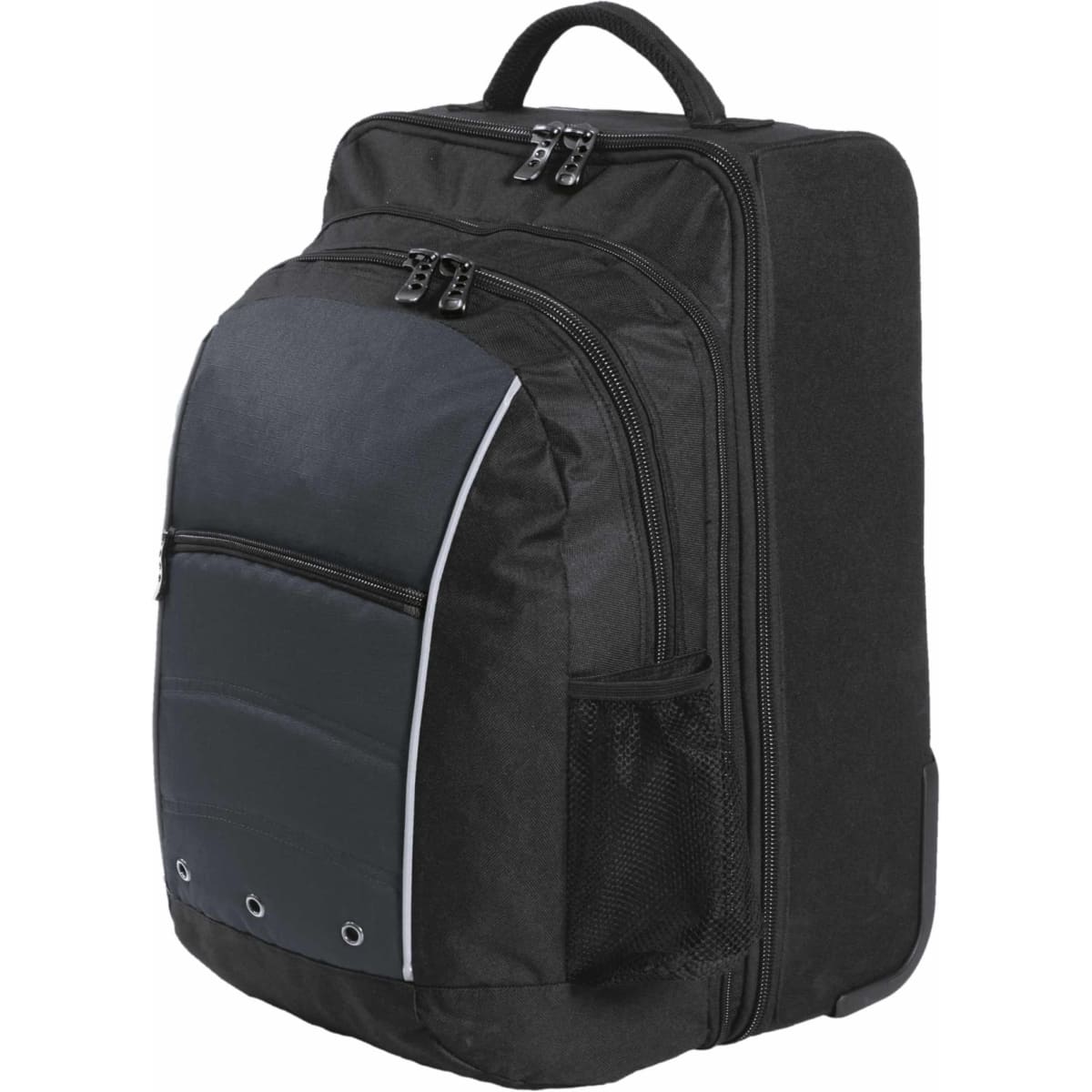 A wheeled travel bag in black with a grey front panel, featuring multiple zippered compartments and a side mesh pocket.