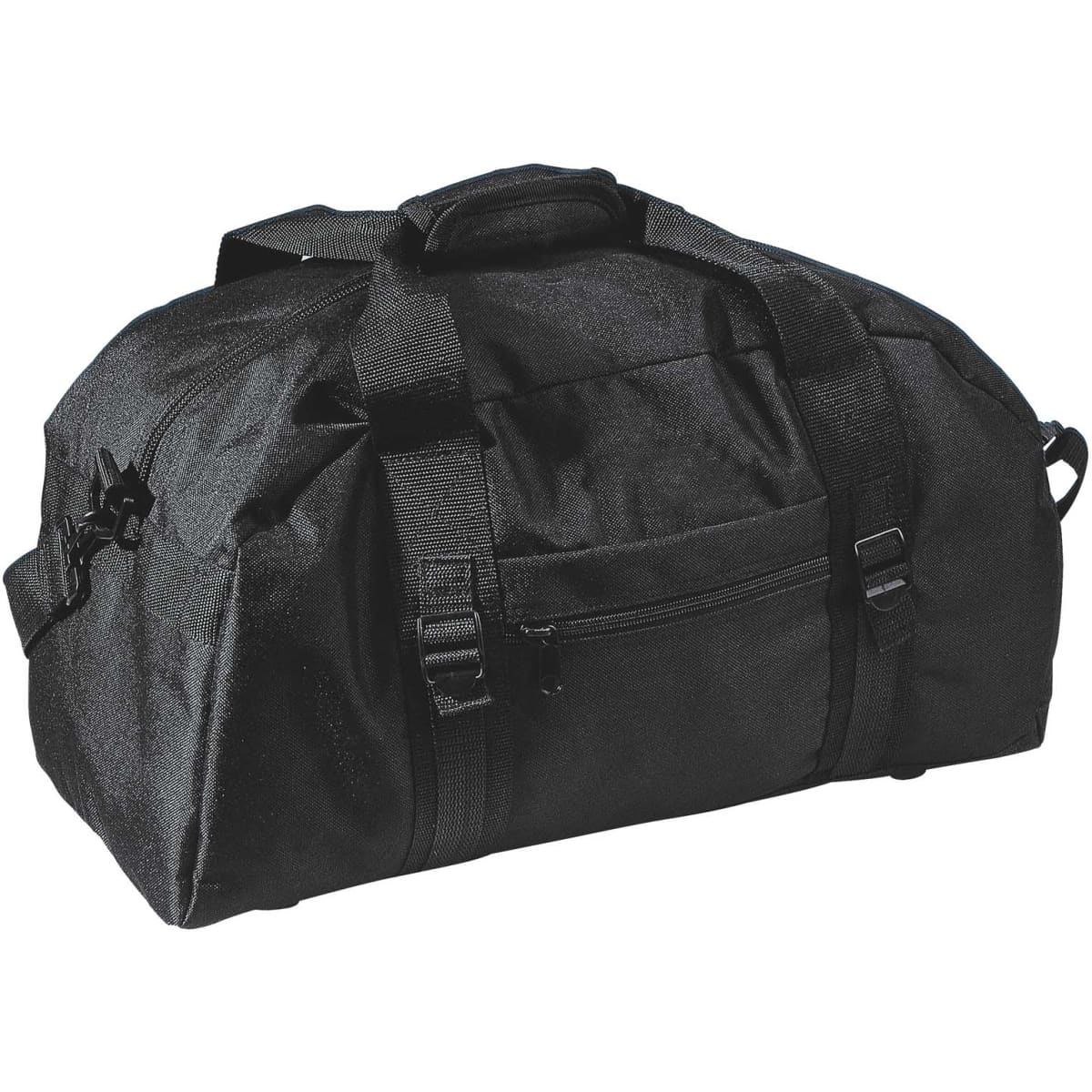 A black duffle bag with multiple straps, a front pocket, and branded logo. Ideal for sports and travel.