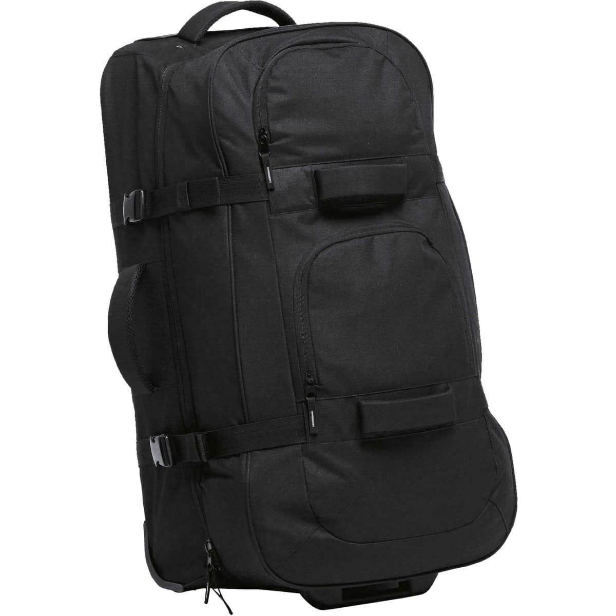 A large black wheeled travel bag with multiple compartments and adjustable straps. It features a logo on the front.