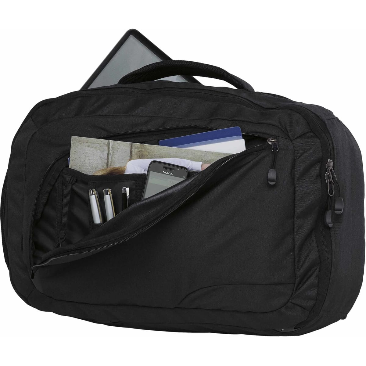 A black laptop bag with a front pocket containing pens, a phone, and documents, plus a tablet visible inside.