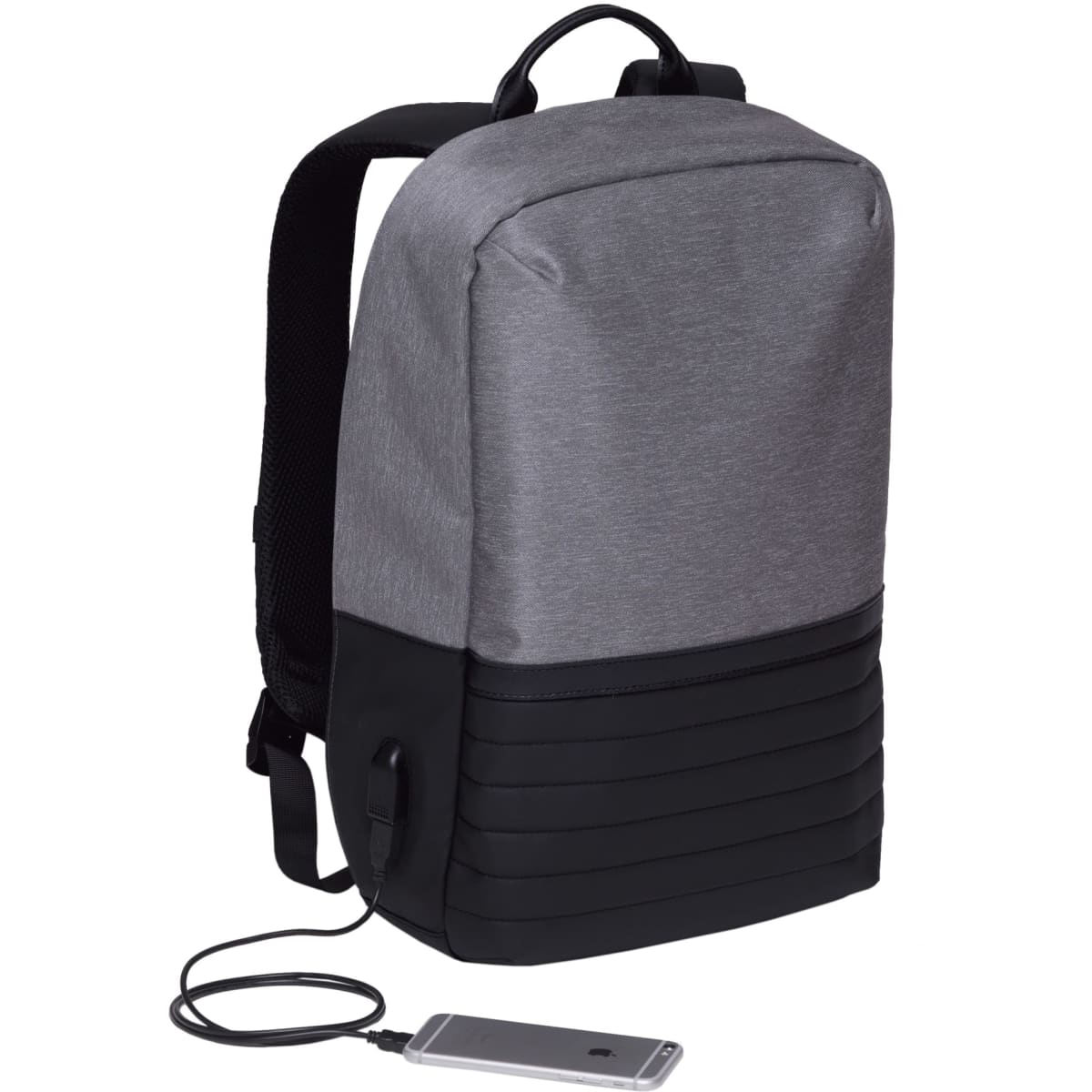 A grey and black wired backpack with a USB charging port, featuring a sleek design and padded shoulder straps.