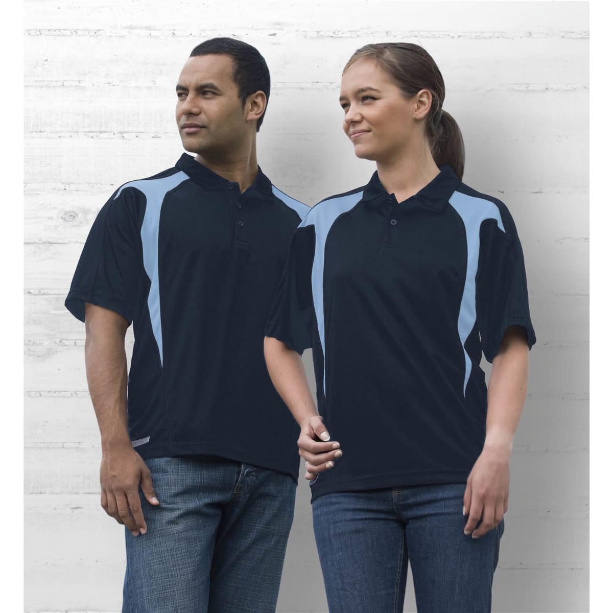 A navy blue polo shirt with light blue spliced design, featuring a logo on the chest, displayed on male and female models.