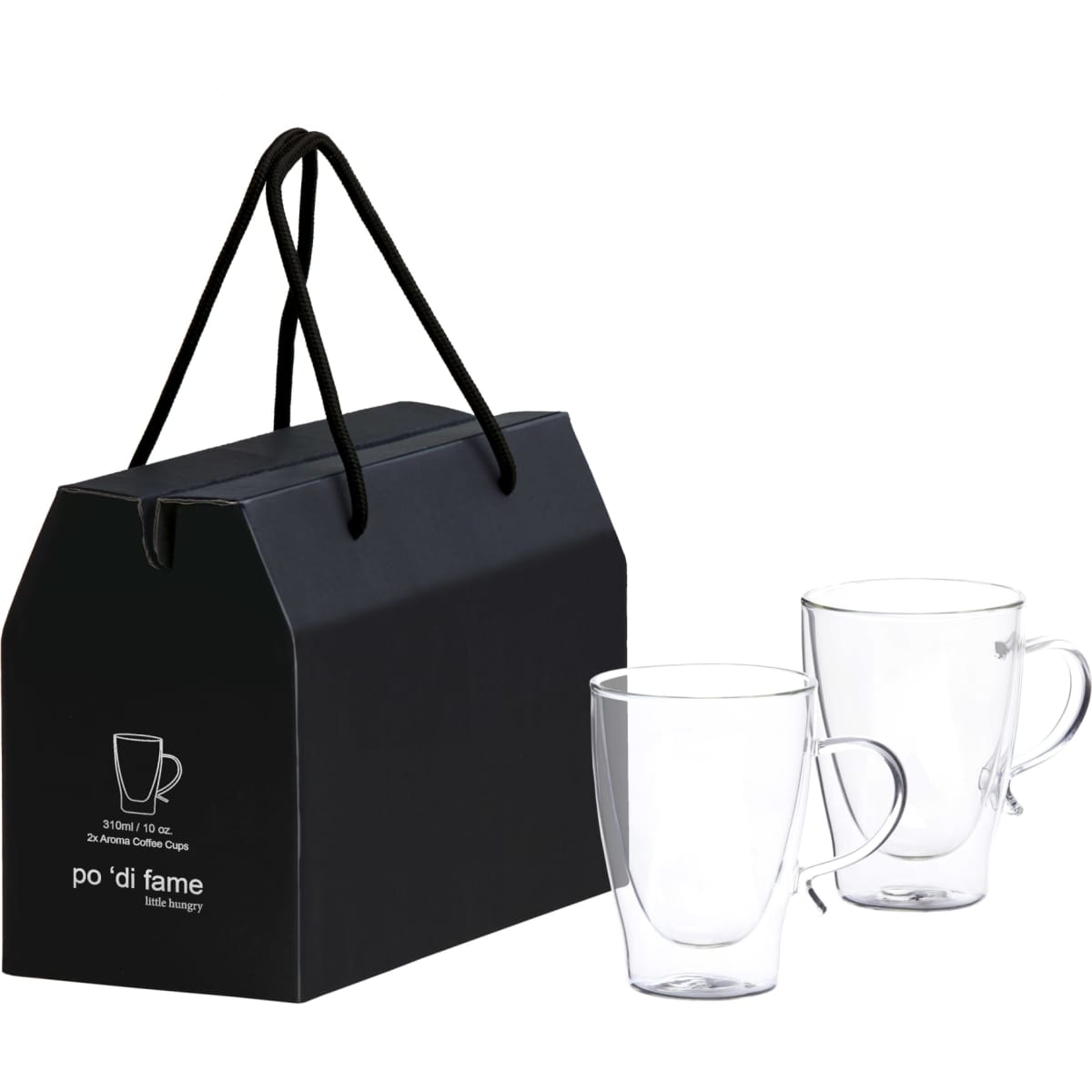 A set of two clear glass coffee cups packaged in a black gift box with a handle.