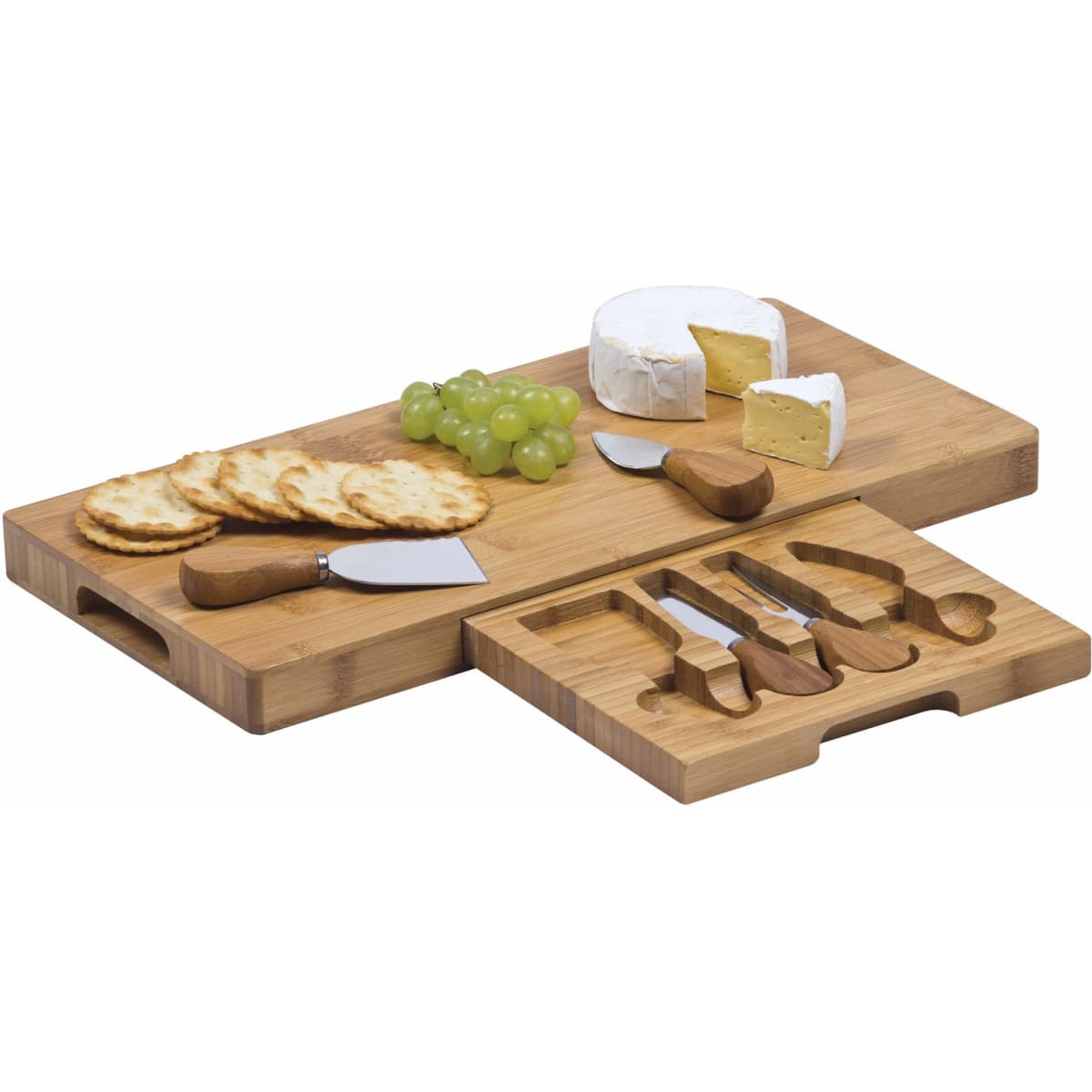 A bamboo cheese board set featuring assorted cheeses, crackers, grapes, and stainless steel knives with wooden handles.