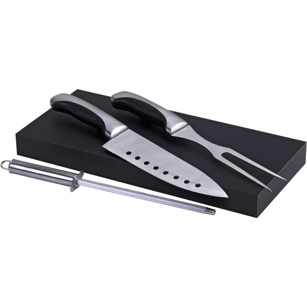 A stainless steel carving set featuring a knife, fork, and honing steel on a black wooden base.