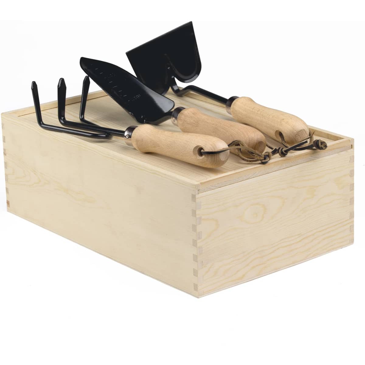 A wooden garden box containing three gardening tools with wooden handles and metal heads.