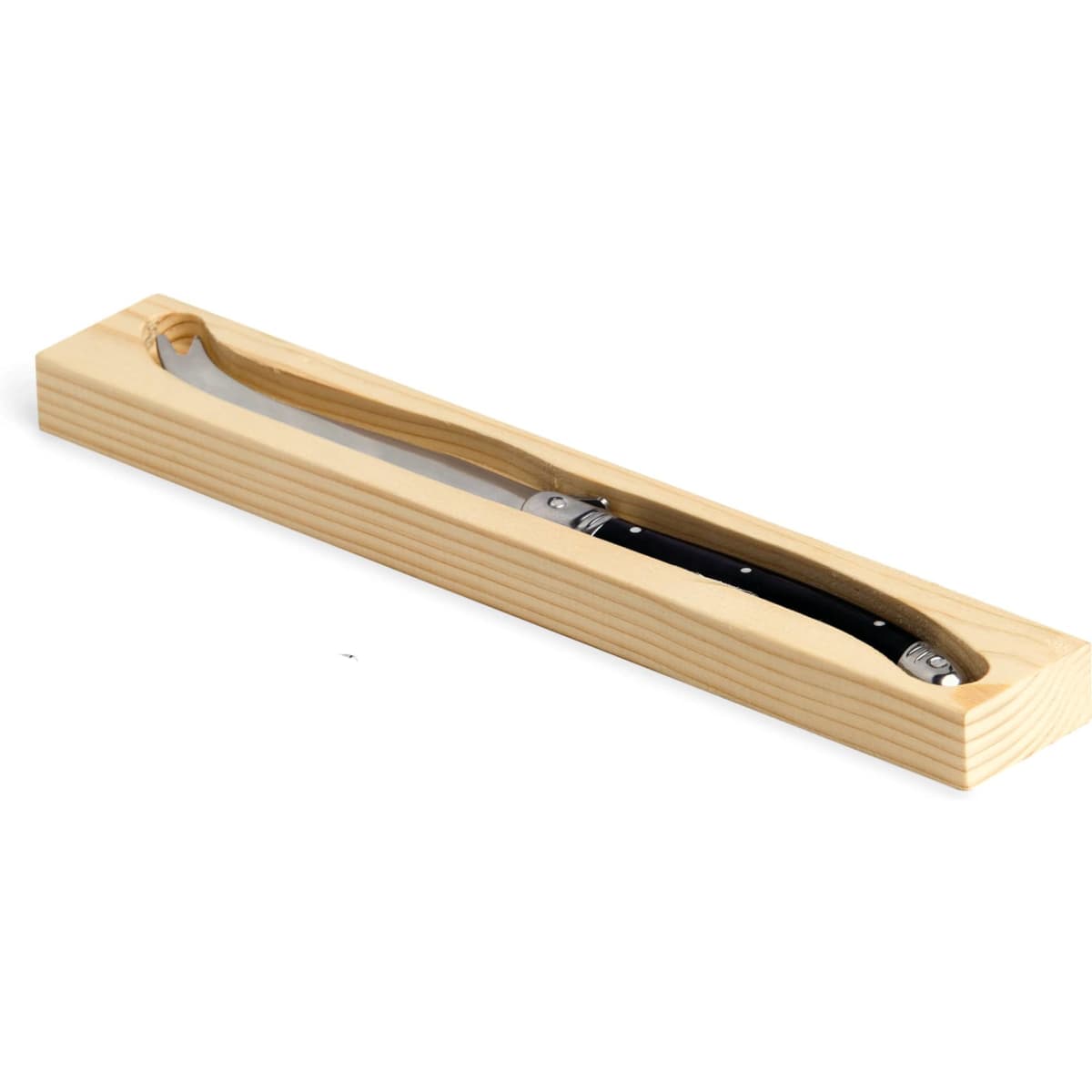 A cheese knife with a curved blade and a black handle, displayed in a light wood box.
