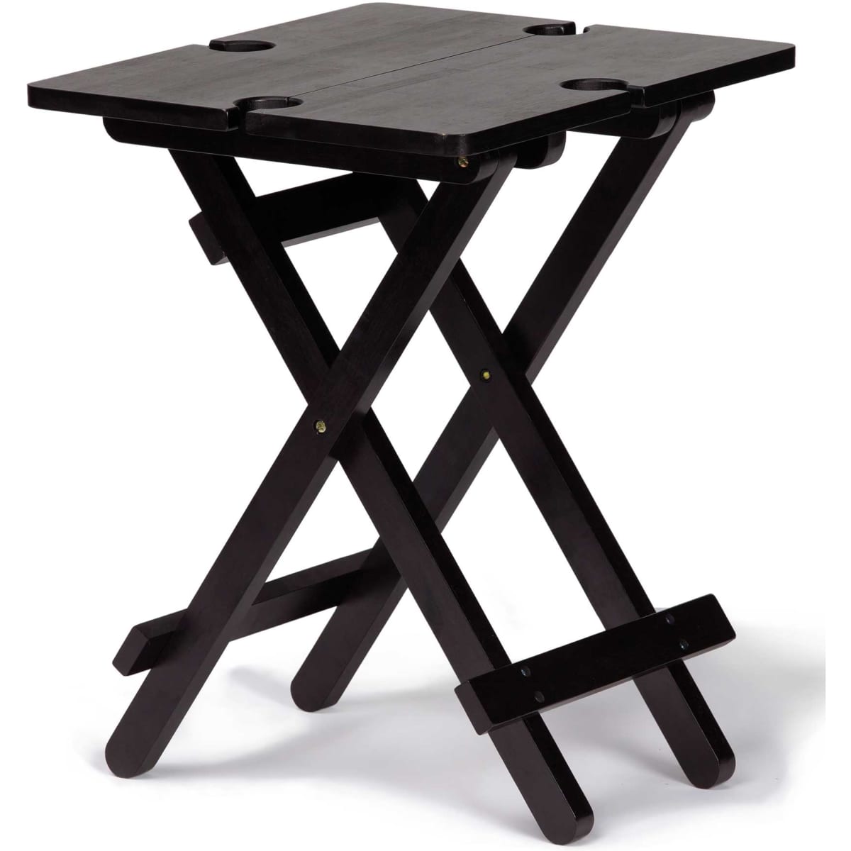 A black folding table with two built-in cup holders and a simple, modern design. It features crossed legs for stability.