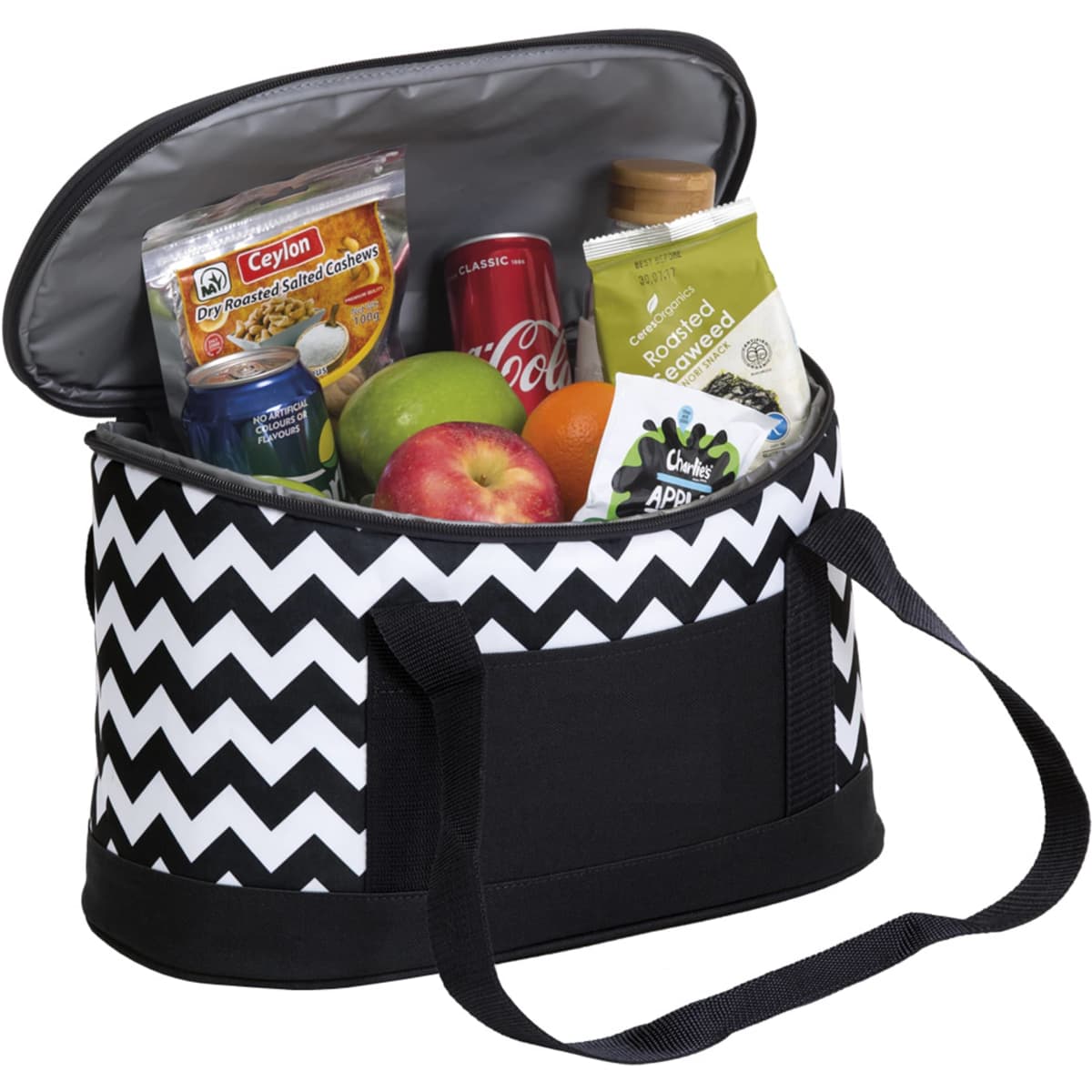 A cooler bag in black and white chevron design, filled with drinks, snacks, fruit, and a bottle. Features dual handles.