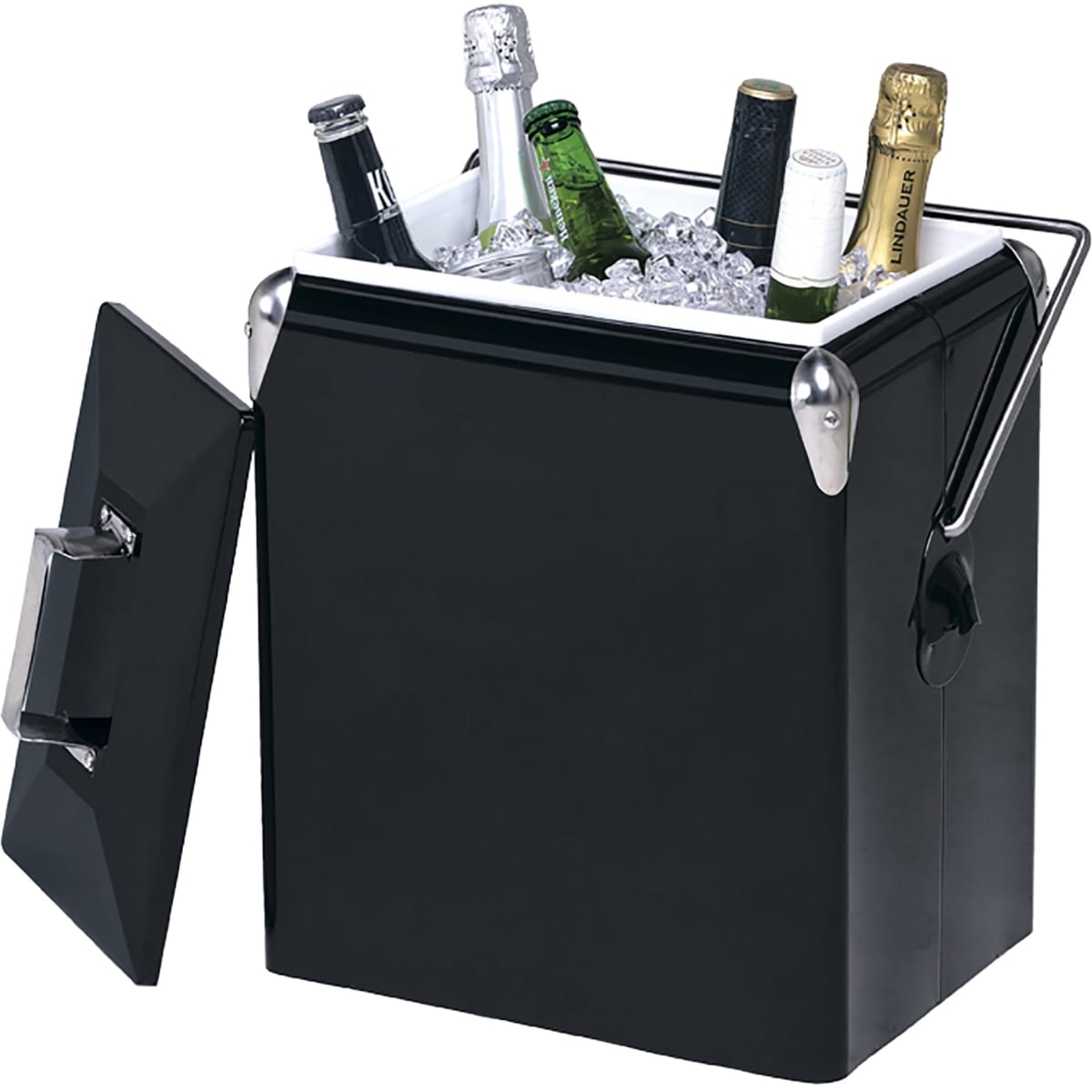 A drink bottle cooler in sleek black, filled with various bottles and ice, featuring a shiny handle and lid.