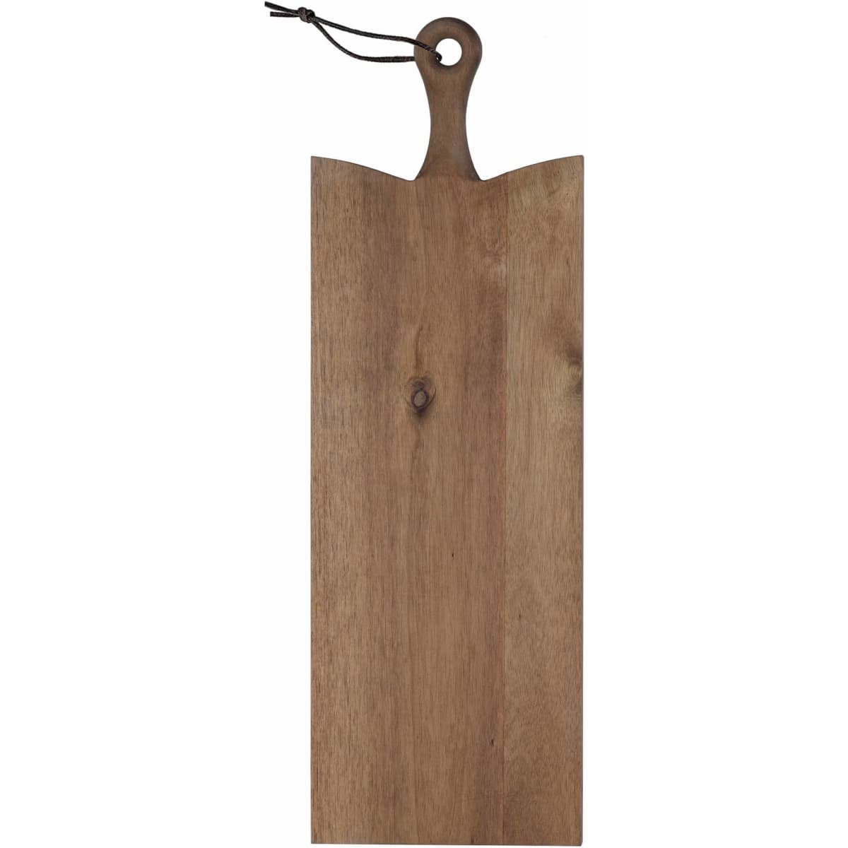 A wooden serving board in a natural finish with a handle and a leather strap. It features a rustic design.