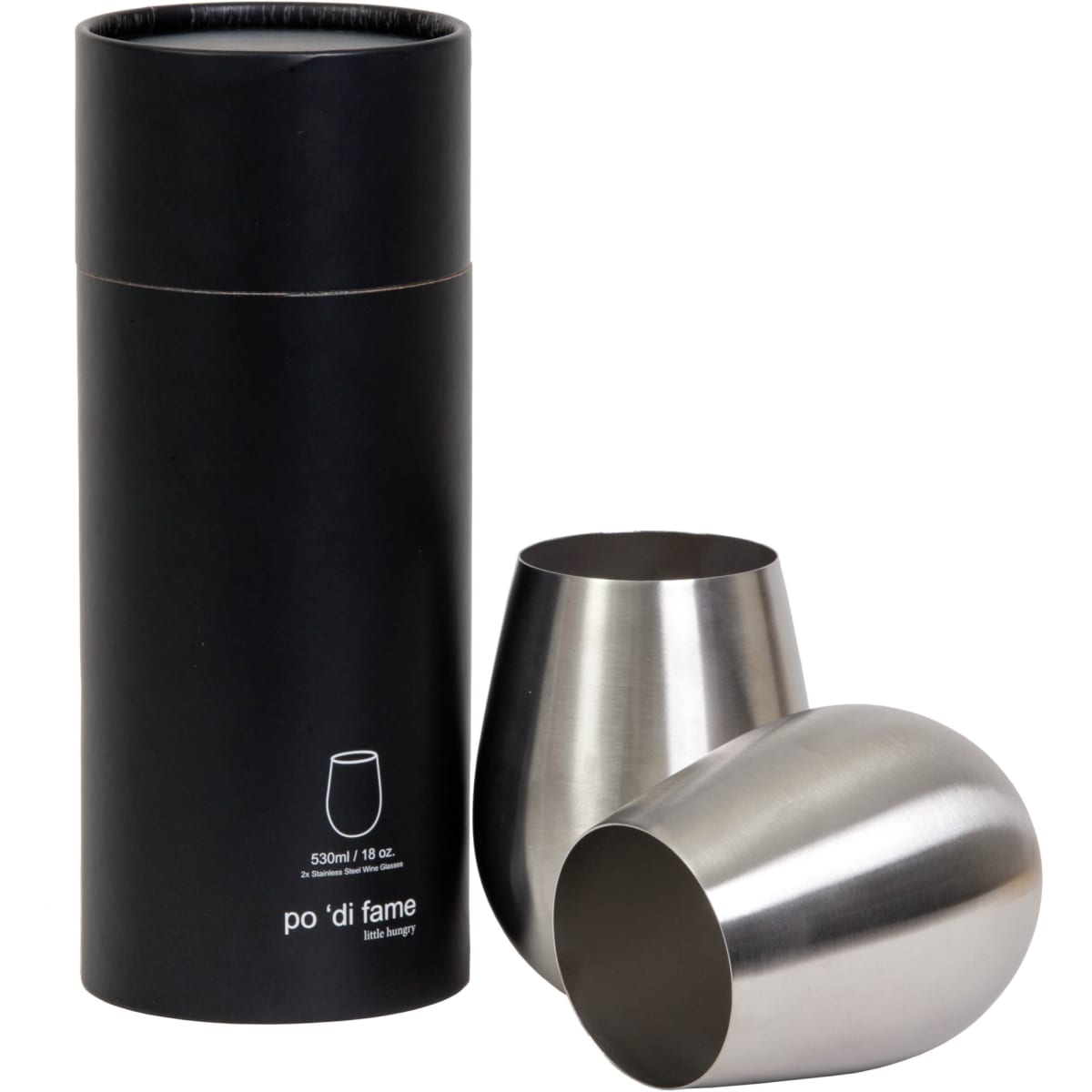 A set of two stemless stainless steel wine glasses in a cylindrical black box. The glasses have a sleek metallic finish.