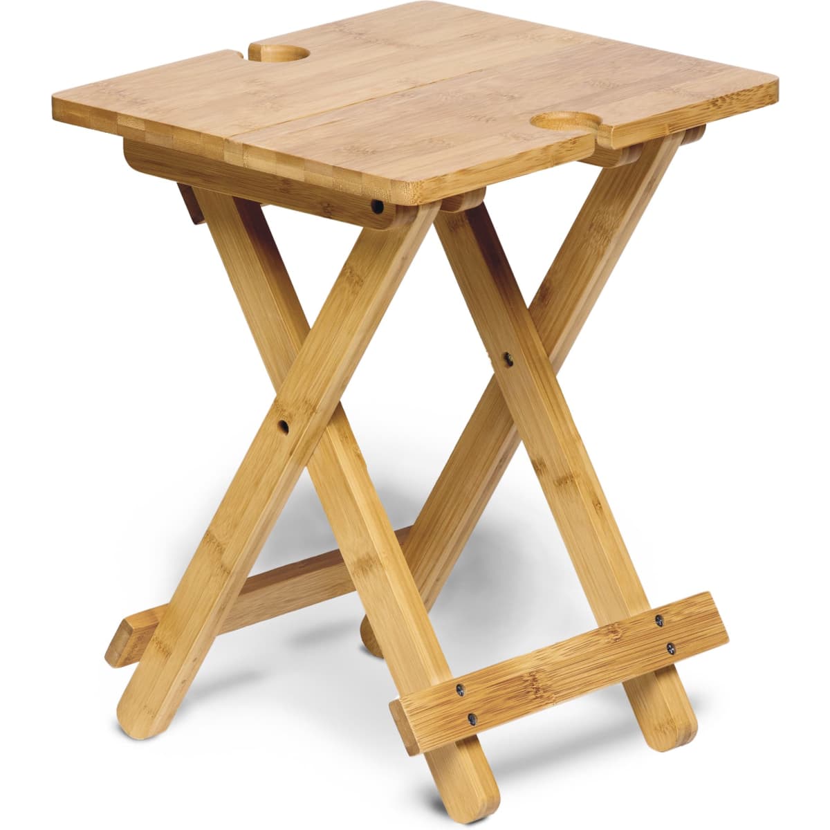 A bamboo table with a square top and two cup holders, featuring a foldable, cross-legged design.