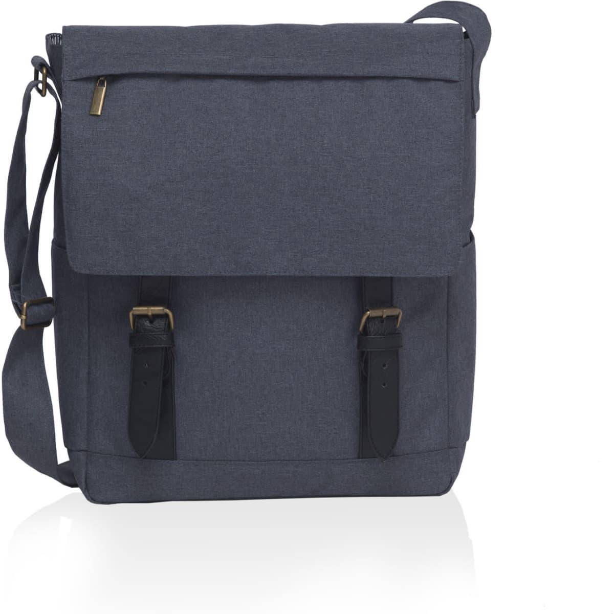 A grey messenger bag with adjustable straps and buckle closures. The bag features a logo on the front.