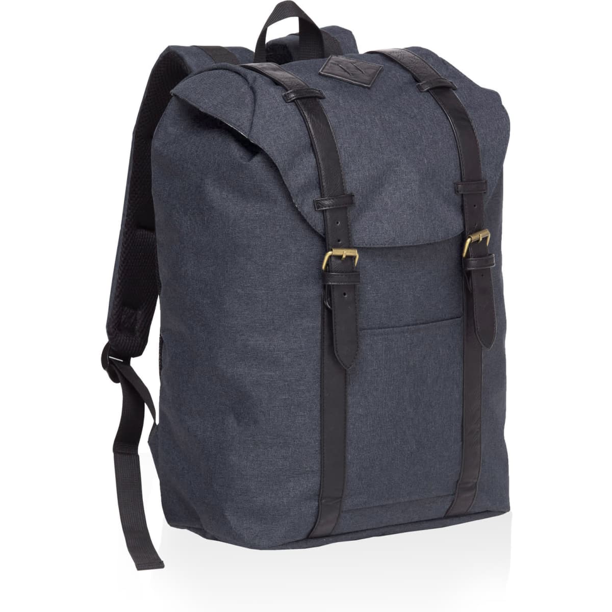 A dark grey front-side backpack with black straps and a flap closure, featuring a logo on the front.