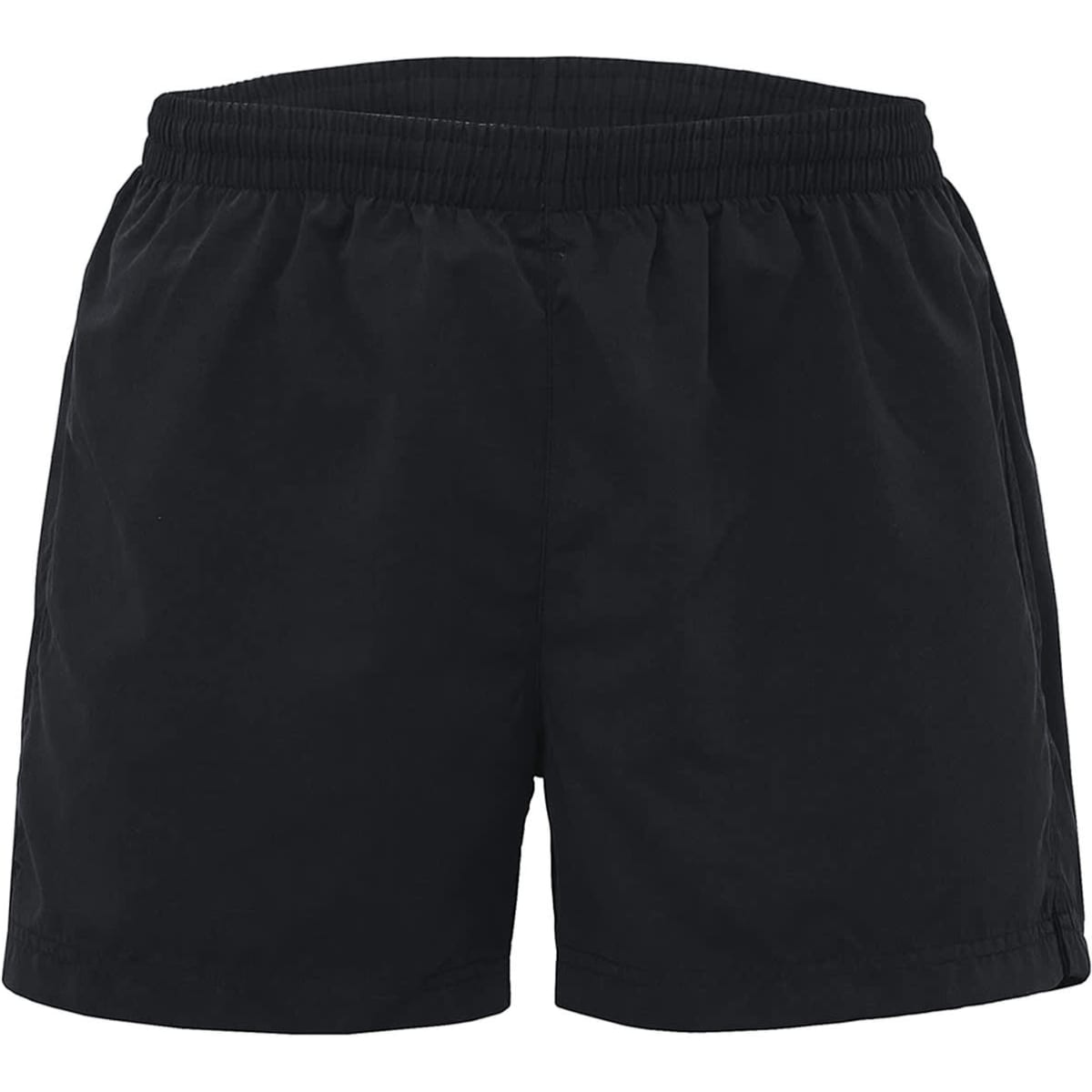 Black sports shorts with an elastic waistband, featuring a logo on the front. Suitable for active wear.