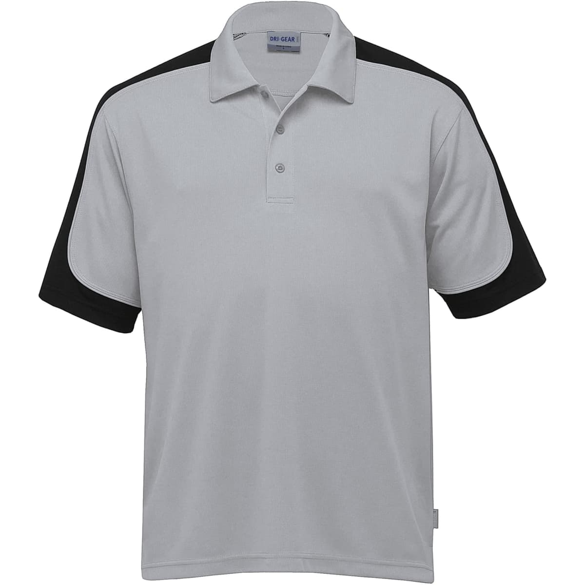 A grey and black Dri Gear Challenger Polo, featuring short sleeves and a collar, with a logo.