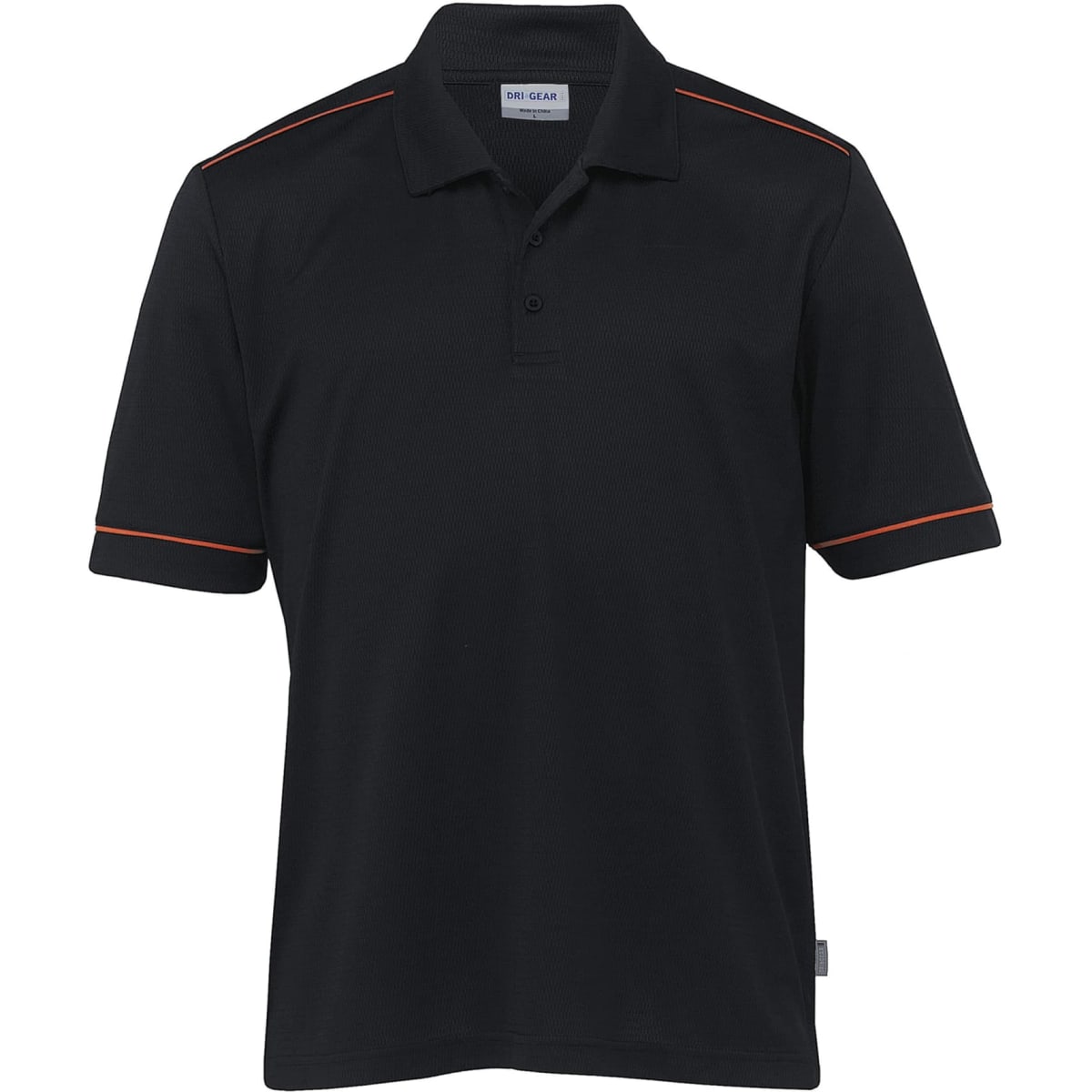 A black men's polo shirt with orange accents and a logo on the chest. Short sleeves and a classic collar design.