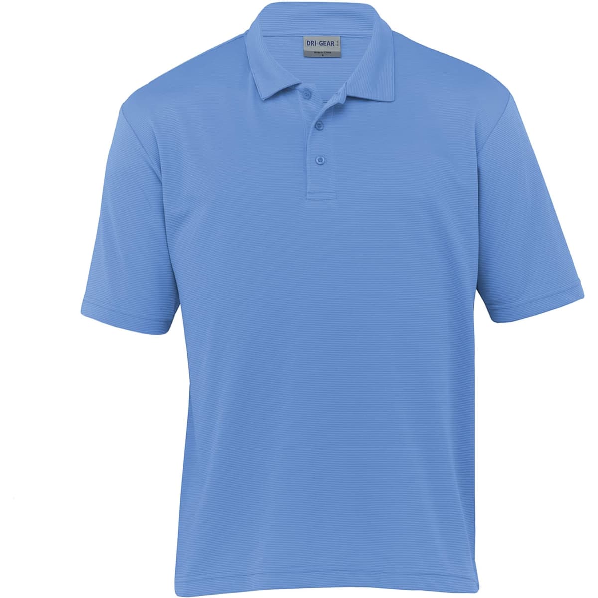 Light blue polo shirt for men, featuring a collar and three buttons, with a logo on the chest.