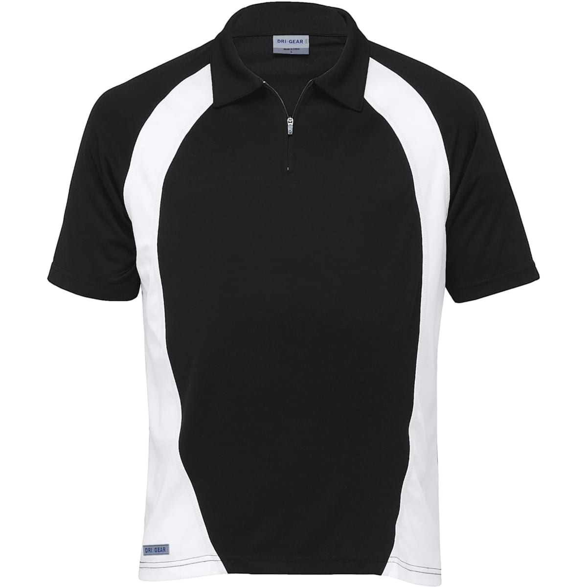 A black and white polo shirt with a zip collar and branded logo. Suitable for active wear.