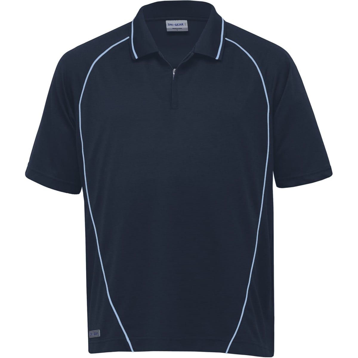 A navy polo shirt with light blue piping and a logo on the hem. It features a short zipper and a sporty design.