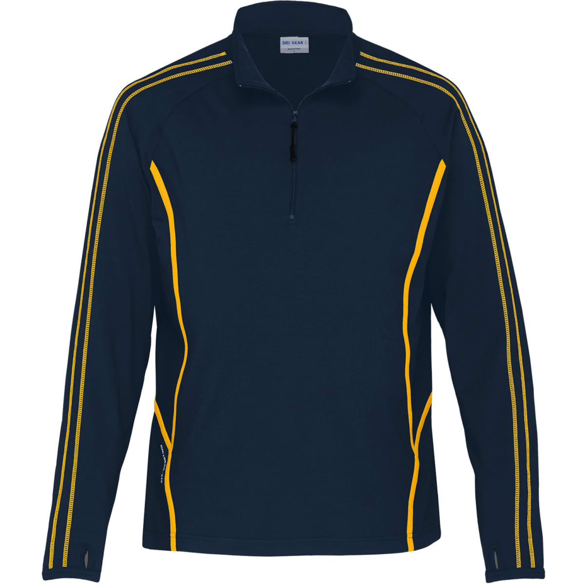 A navy pullover jacket with yellow stripes and a zip collar, featuring branding on the chest.